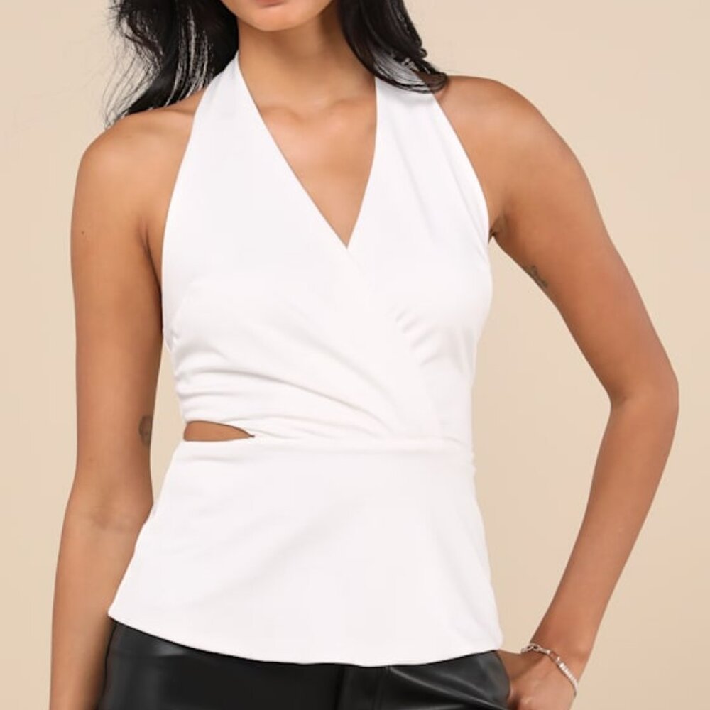 Lulus Poised Expert White Halter Cutout Peplum Top - Size M